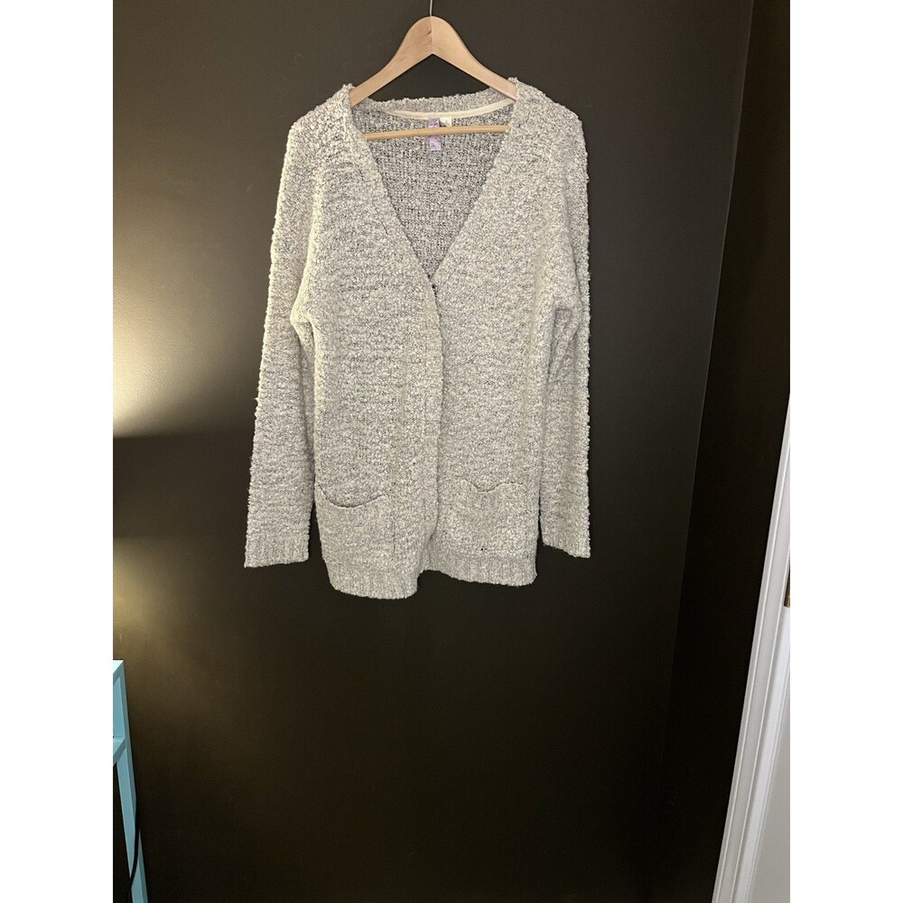 Alya Women’s Large Boucle Cardigan Sweater Gray Cream Open Front Pockets